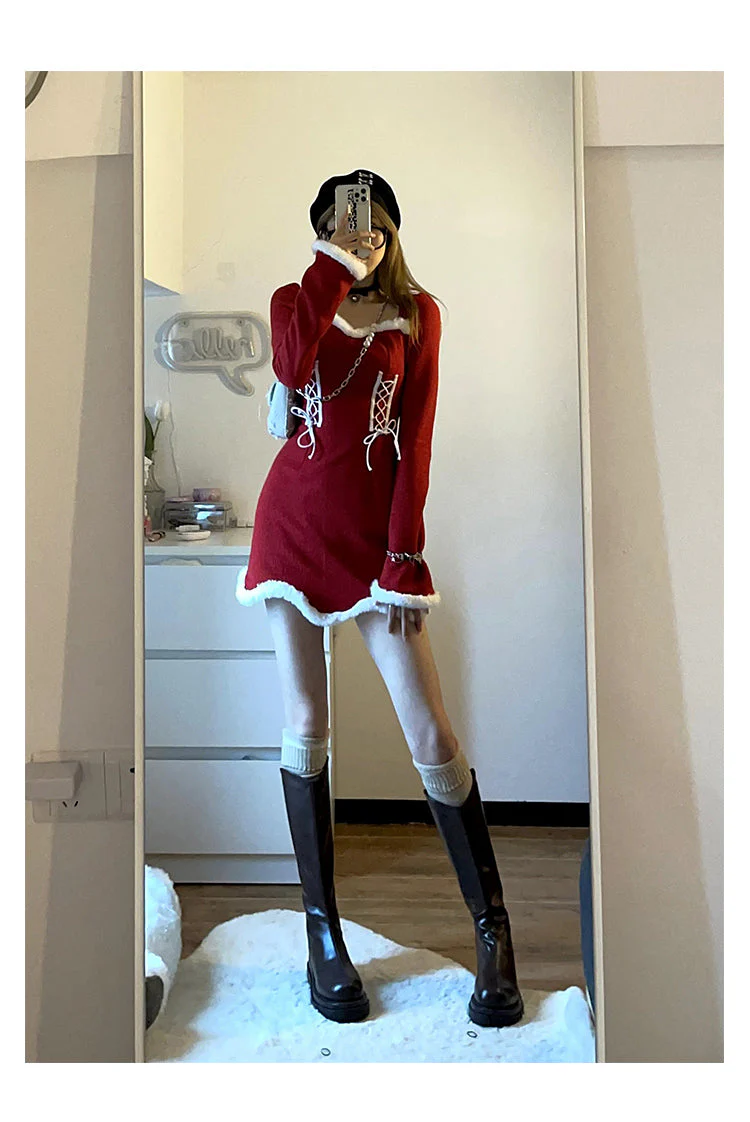 deanwangkt  Winter Sweet Christmas Dress Women Red Kawaii Lolita Party Mini Dresses Warm Korean Night Dresses Ladies Festival Clothing - Deanwangkt