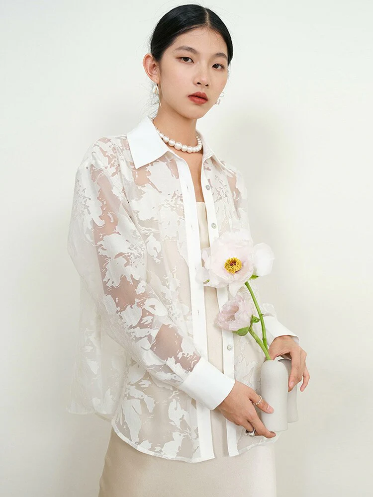 deanwangkt Summer Patchwork Sheer Mesh Shirt For Women Lapel Long Sleeve Solid Blouses Female Fashion Clothing Style New - Deanwangkt