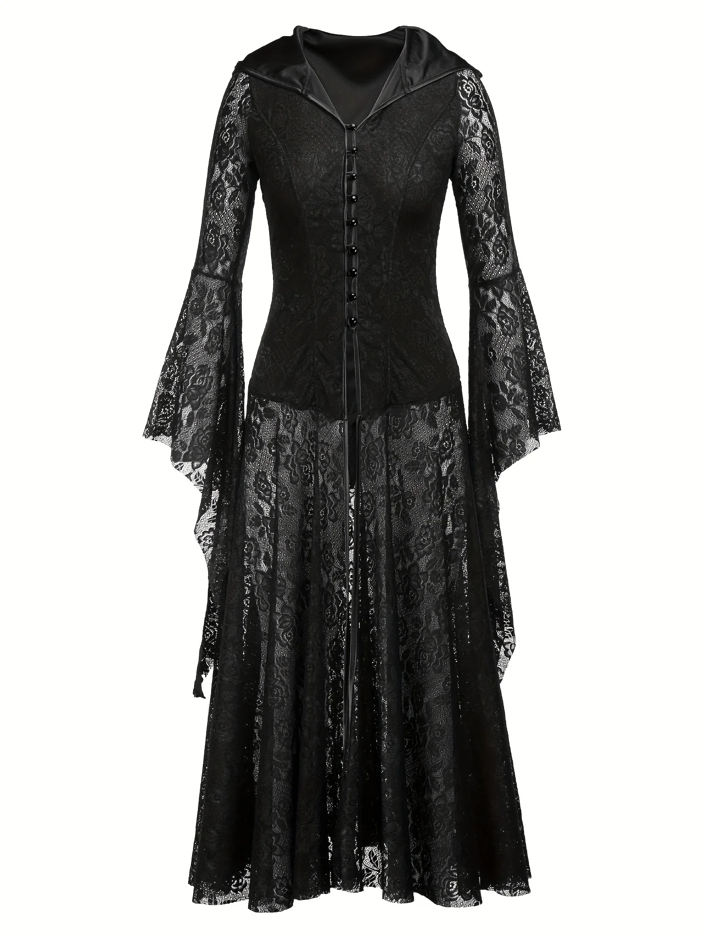 Women's Gothic Corset Waist Hoodie Lace Dress with Flare Sleeves and Lapel - Perfect for Halloween and Cosplay - Deanwangkt