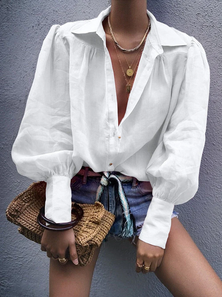 deanwangkt Women Blouses  Autumn Office Lady Colorful Shirts Lantern Sleeve Buttons Pink White Blue Orange Blouse Tops - Deanwangkt