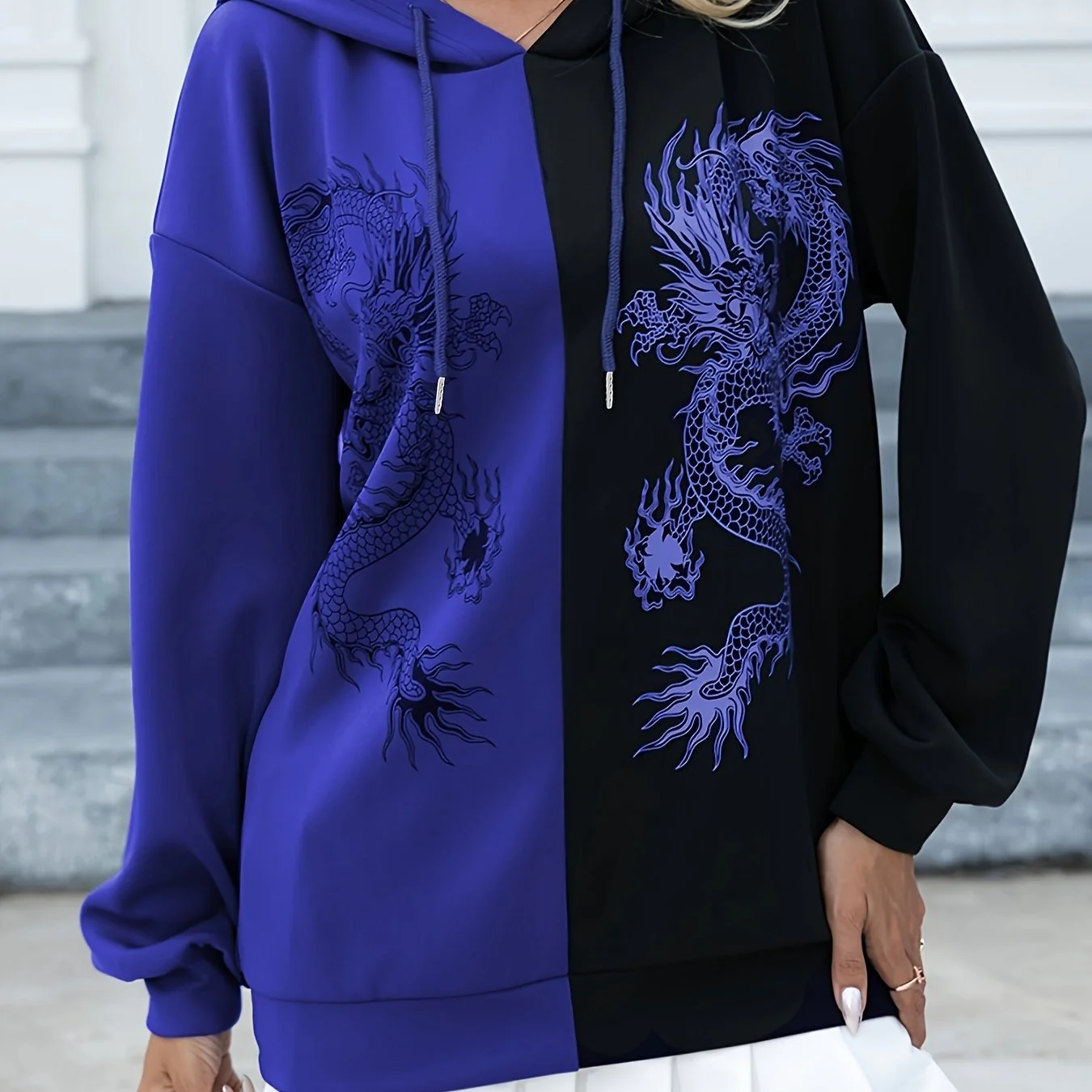 deanwangkt-1  Dragon Print Two-tone Hoodie, Casual Long Sleeve Drawstring Hoodies Sweatshirt, Women's Clothing - Deanwangkt