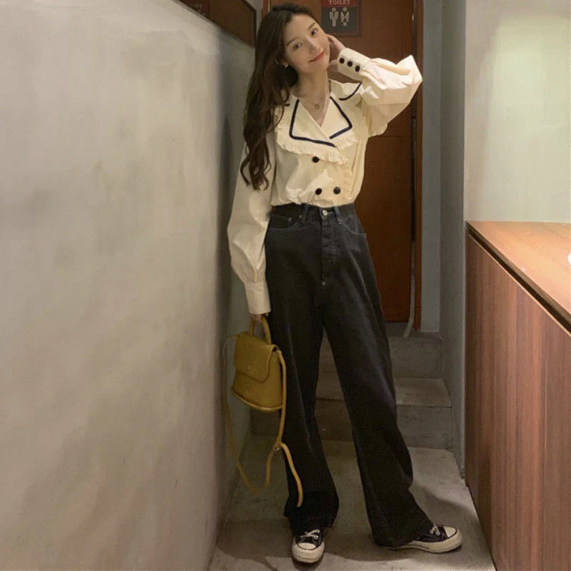 deanwangkt Shirts Womens Spring Autumn Elegant Ruffles Sailor Collar Casual Blouses Ladies Kawaii Korean Style Harajuku Female Tops Trendy - Deanwangkt