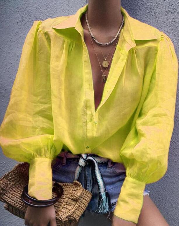 deanwangkt Women Blouses  Autumn Office Lady Colorful Shirts Lantern Sleeve Buttons Pink White Blue Orange Blouse Tops - Deanwangkt