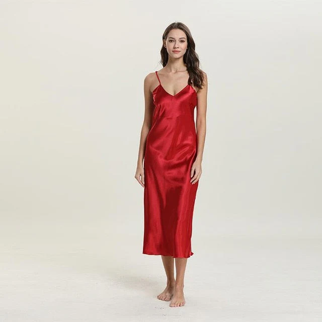 deanwangkt Sexy Long Sleep Dress Satin Rayon Sleepwear Solid Nightie Nightgown Women Nightdress Intemate Lingerie Women Nightwear Bath Gown - Deanwangkt