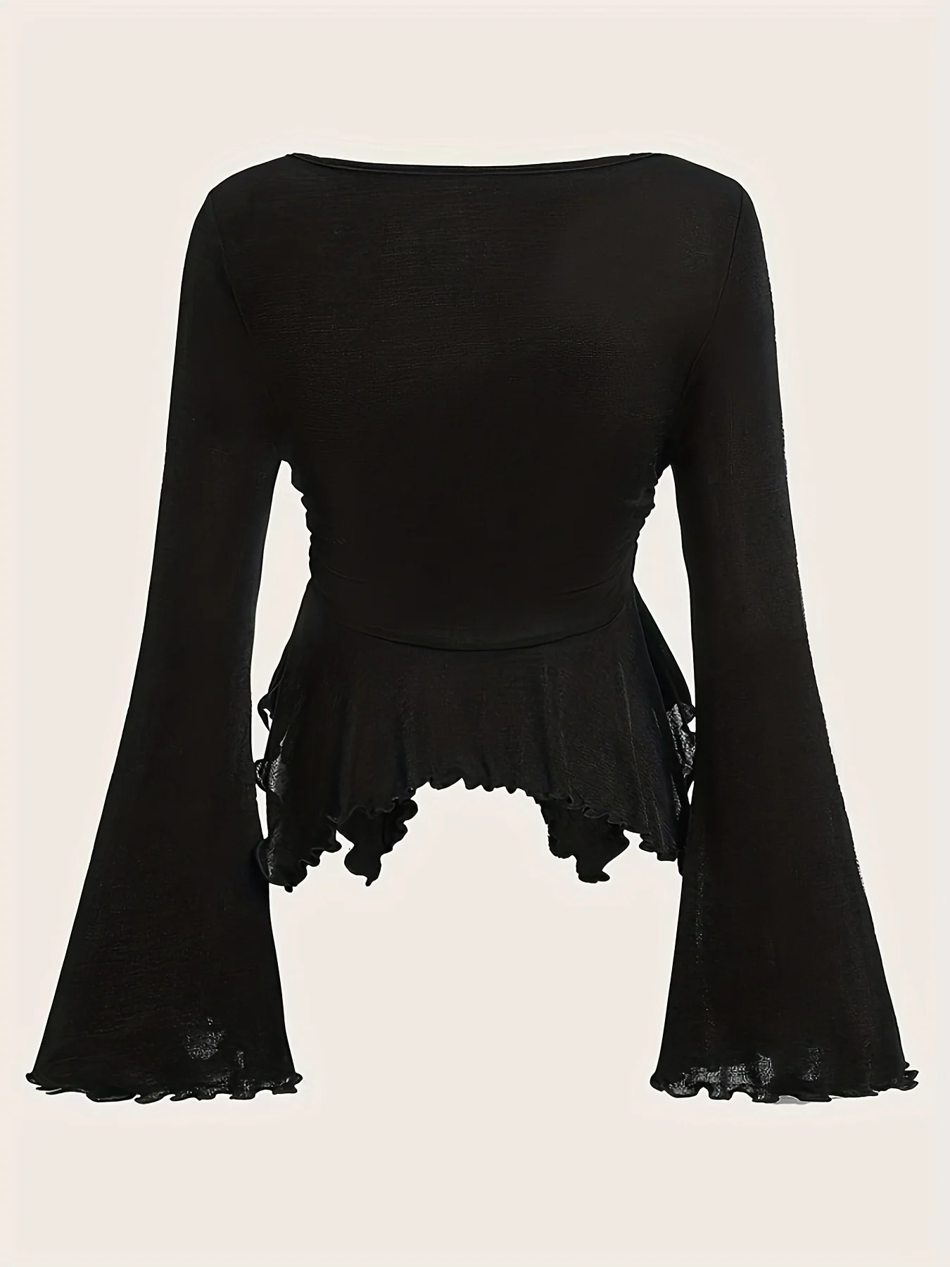 deanwangkt  Lettuce Trim Cinched Waist Ruched Top, Asymmetric Hem Bell Sleeve Top For Spring & Fall, Women's Clothing - Deanwangkt