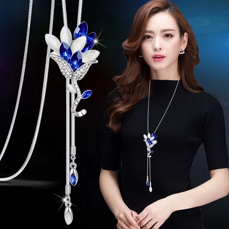 DEANWANGKT Fashion Long Chain Sweater Necklaces & Pendants for Women Blue Opal Rhinestone Flower Pendant Necklace Female Jewelry - Deanwangkt