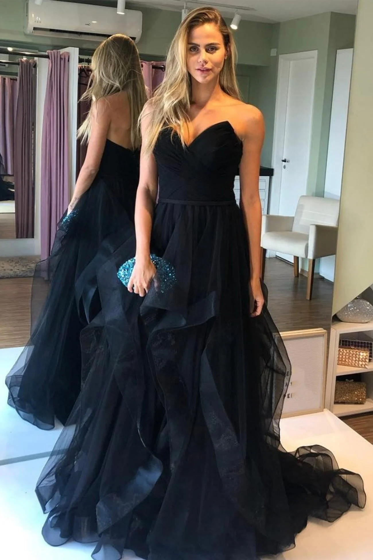 solvbao Black Tulle Long A-Line Prom Dresses, Black Strapless Formal Evening Dresses - Deanwangkt
