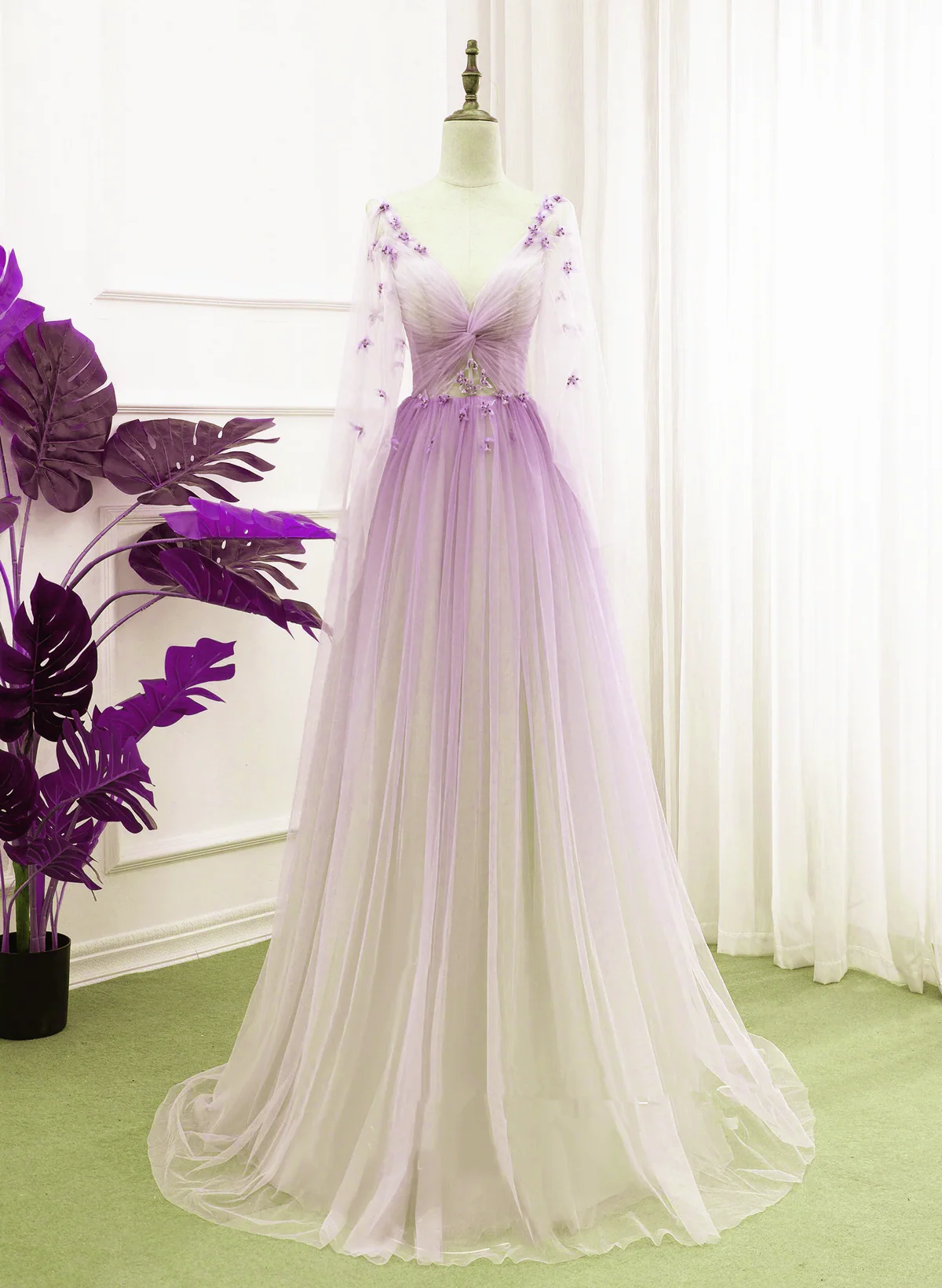 Solvbao Beautiful Purple Gradient Tulle Long Sleeves Party Dress, A-line Tulle Formal Dress - Deanwangkt