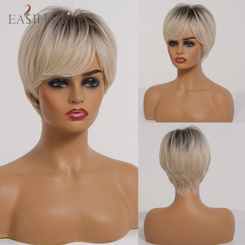deanwangkt  Short Hair Wig With Bangs Pixie Cut Ombre Black Ash Light Blonde Synthetic Wigs For Women Cosplay Wigs Heat Resistant - Deanwangkt