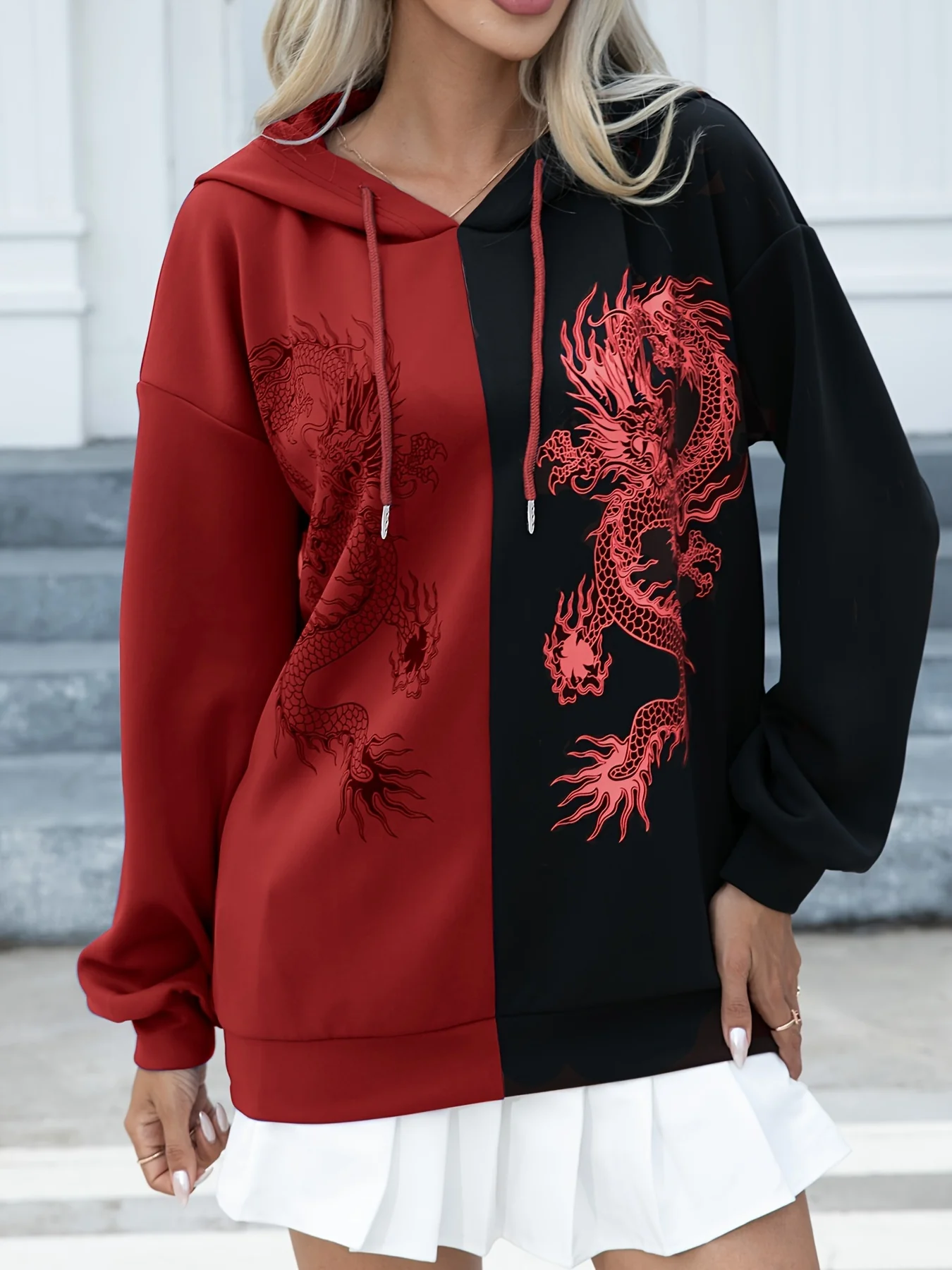 deanwangkt-1  Dragon Print Two-tone Hoodie, Casual Long Sleeve Drawstring Hoodies Sweatshirt, Women's Clothing - Deanwangkt