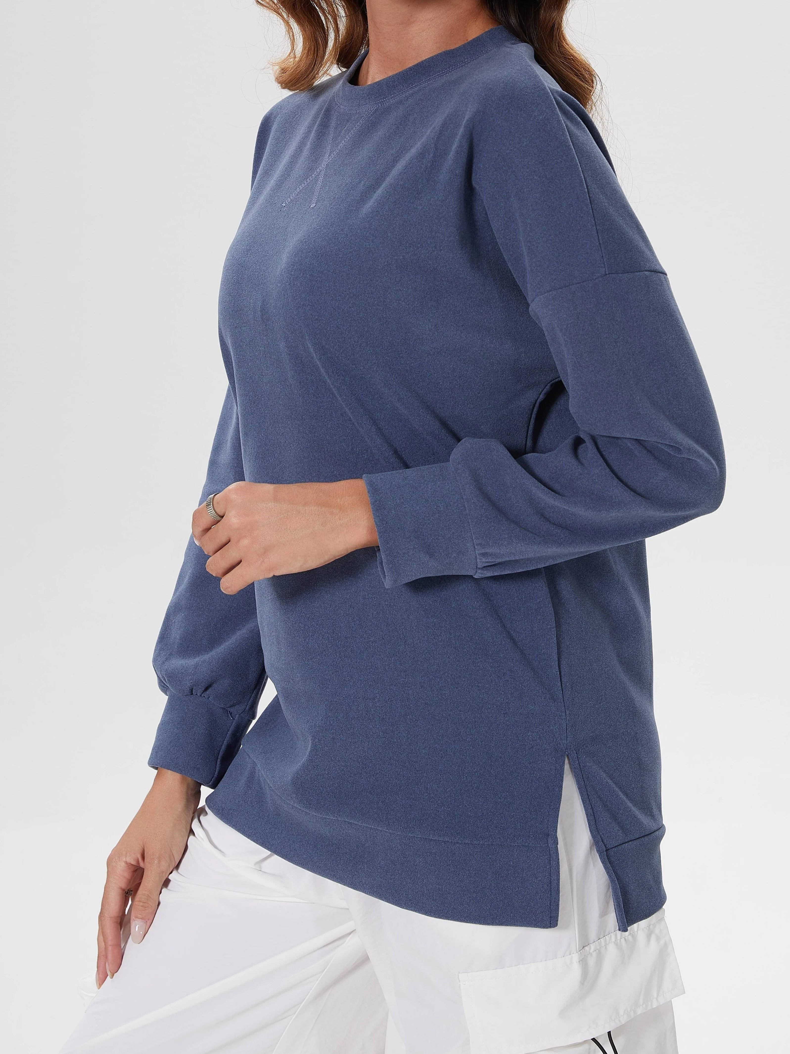 deanwangkt-1  Women's Solid Color Split Hem Fleece Sweatshirts, Round Neck Casual Sports Long Sleeve Pullover Tops, Women's Sporty Sweatshirts - Deanwangkt