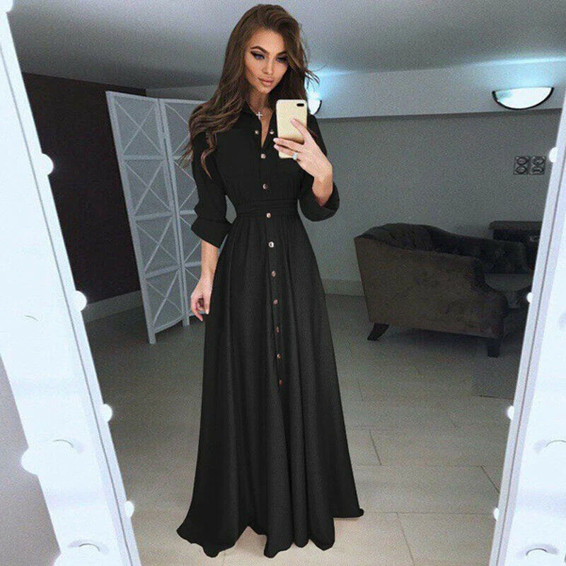 deanwangkt Fashion Womens Boho Long Sleeve Elegant Button Down V-neck Long Maxi Dress Ladies Evening Party Beach Bodycon Dresses Sundress - Deanwangkt
