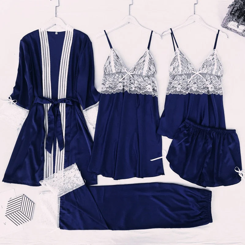 5PCS Pajamas Set Silk Satin Womens Lace Nightwear Spring Strap Pyjamas Suit Female Lounge Sleepwear with Chest Pads Home Wear - Deanwangkt