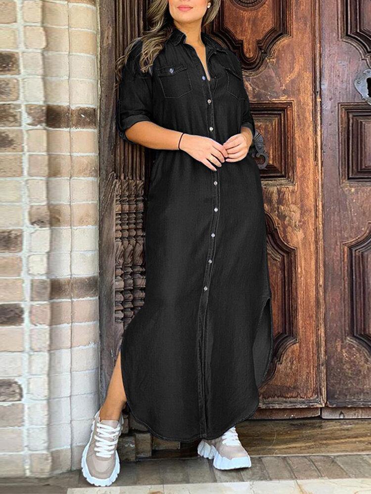 deanwangkt Casual Lapel Button Three Quarter Sleeve Solid Denim Maxi Dress - Deanwangkt