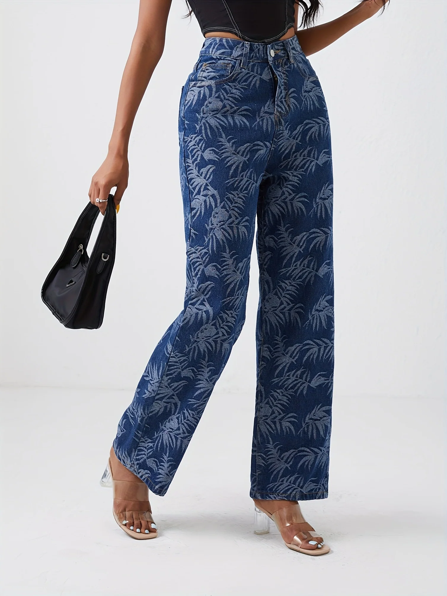 Leaf Print Chic Straight Jeans, Loose Fit Non-Stretch High Waist Denim Pants, Women's Denim Jeans & Clothing - Deanwangkt