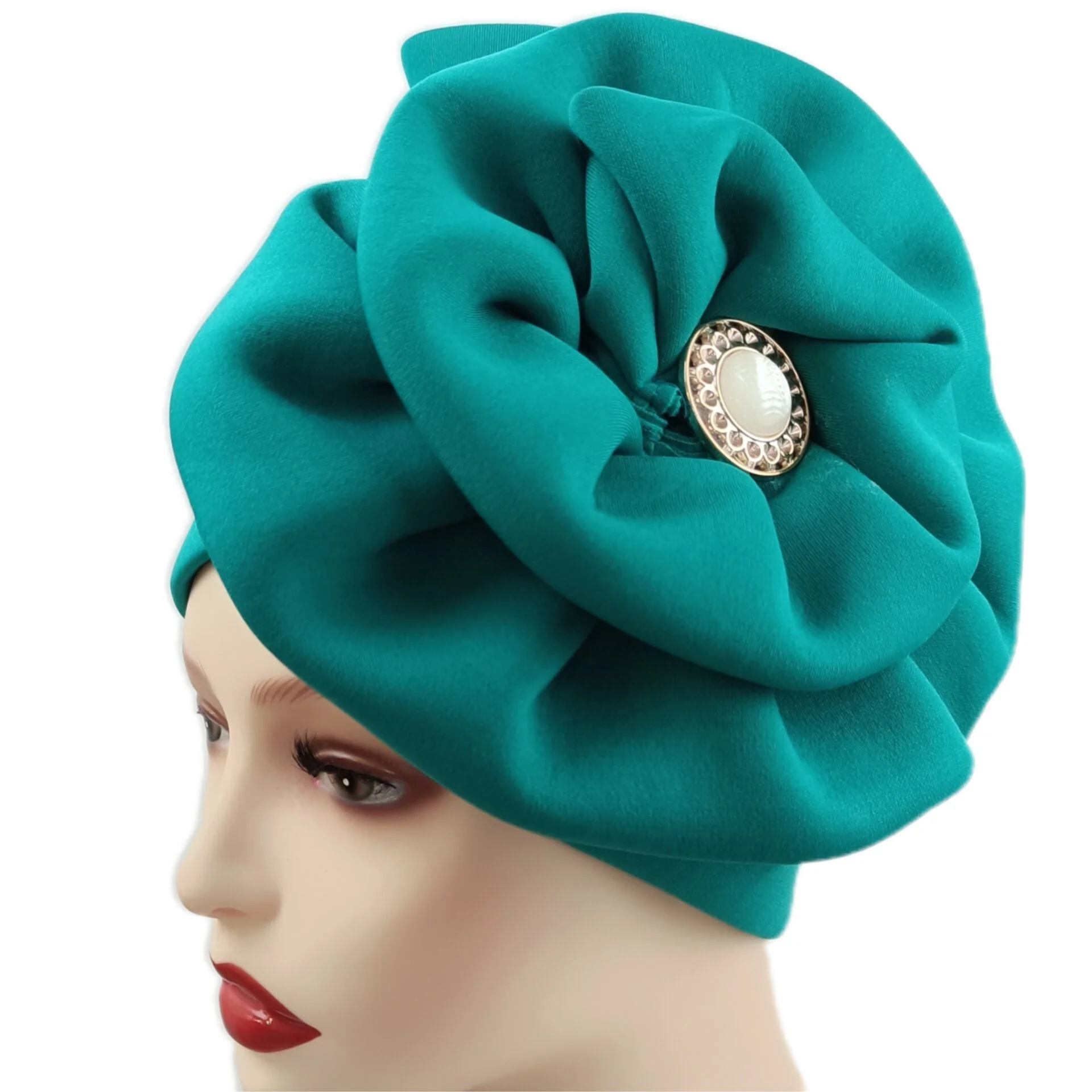 deanwangkt Solid African turban big flower design headtie cap for fashion women headwrap with badge - Deanwangkt