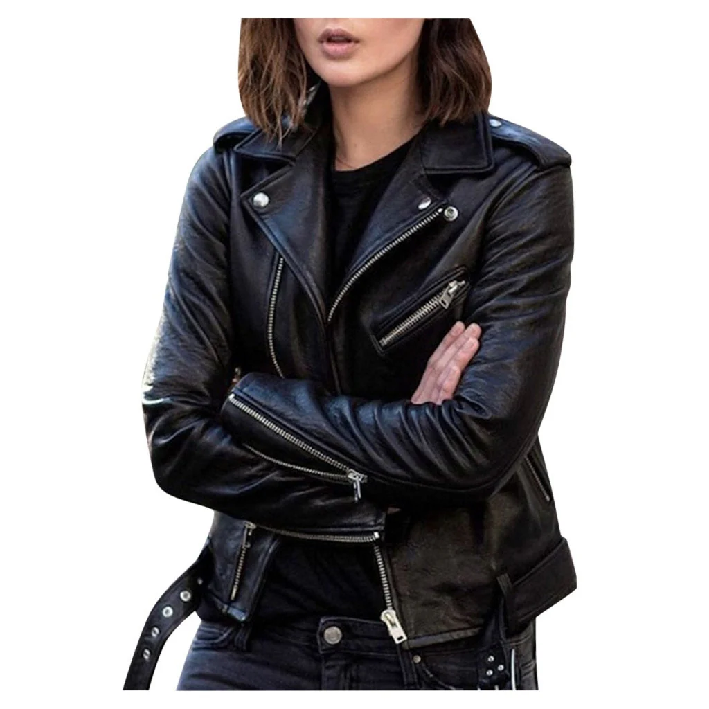 deanwangkt Women Faux Leather Jacket  Fall New Long Sleeve Zipper Fitted Coat Fall Short Jacket Solid Lapel Female Moto Biker Jackets - Deanwangkt
