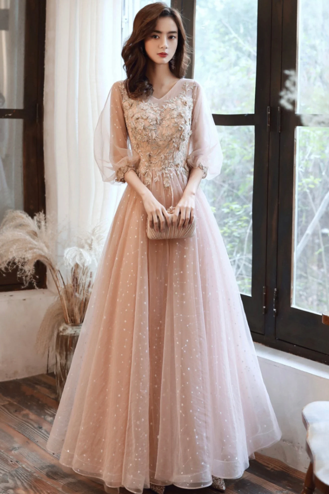 solvbao Pink Tulle Lace Long Prom Dresses, A-Line Long Sleeve Evening Dresses - Deanwangkt