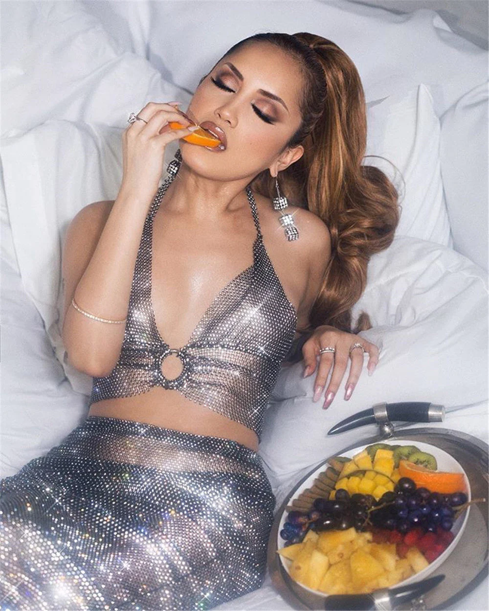 deanwangkt  Sexy Crop Top Women Two Piece Set Festival Beach Club Outfits Party Tank Top T Shirt Woman Halter Rhinestones Tops Summer - Deanwangkt