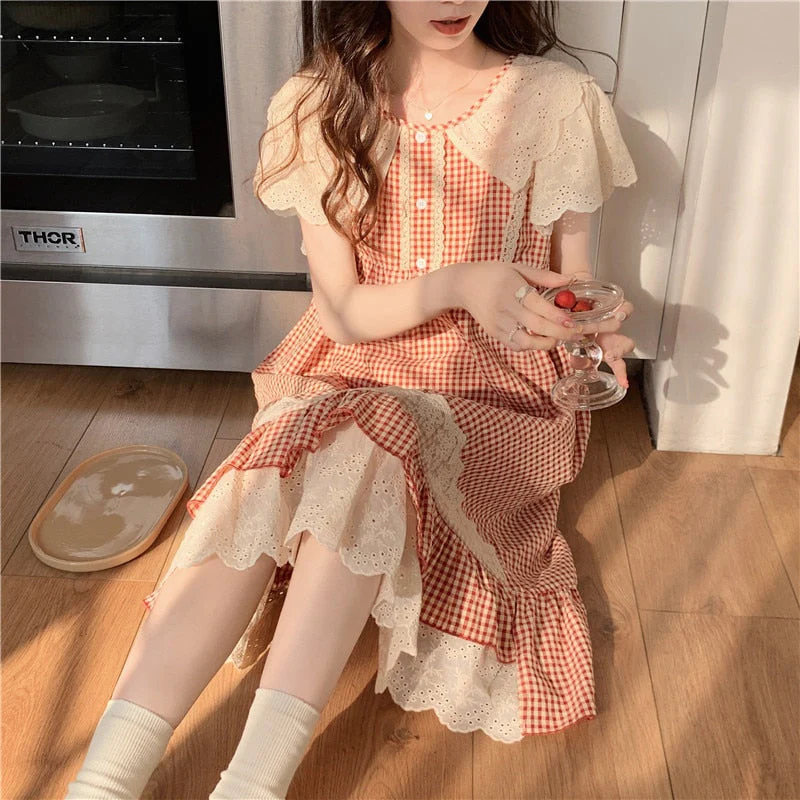 deanwangkt Plaid Retro Elegant Casual NightDress Soft Ruffles Sweet Simple Summer O-Neck Princess Long Sleepwear Cotton Lace Short sleeve - Deanwangkt