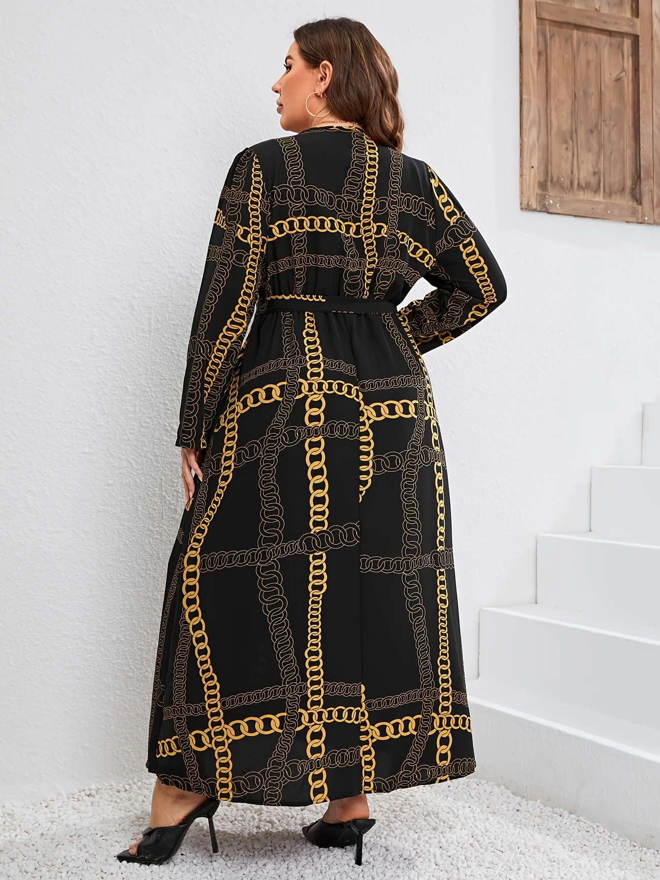 Plus Size Elegant Dress, Women's Plus Chian Print Long Sleeve Surplice Neck Slight Stretch Maxi Dress With Belt - Deanwangkt