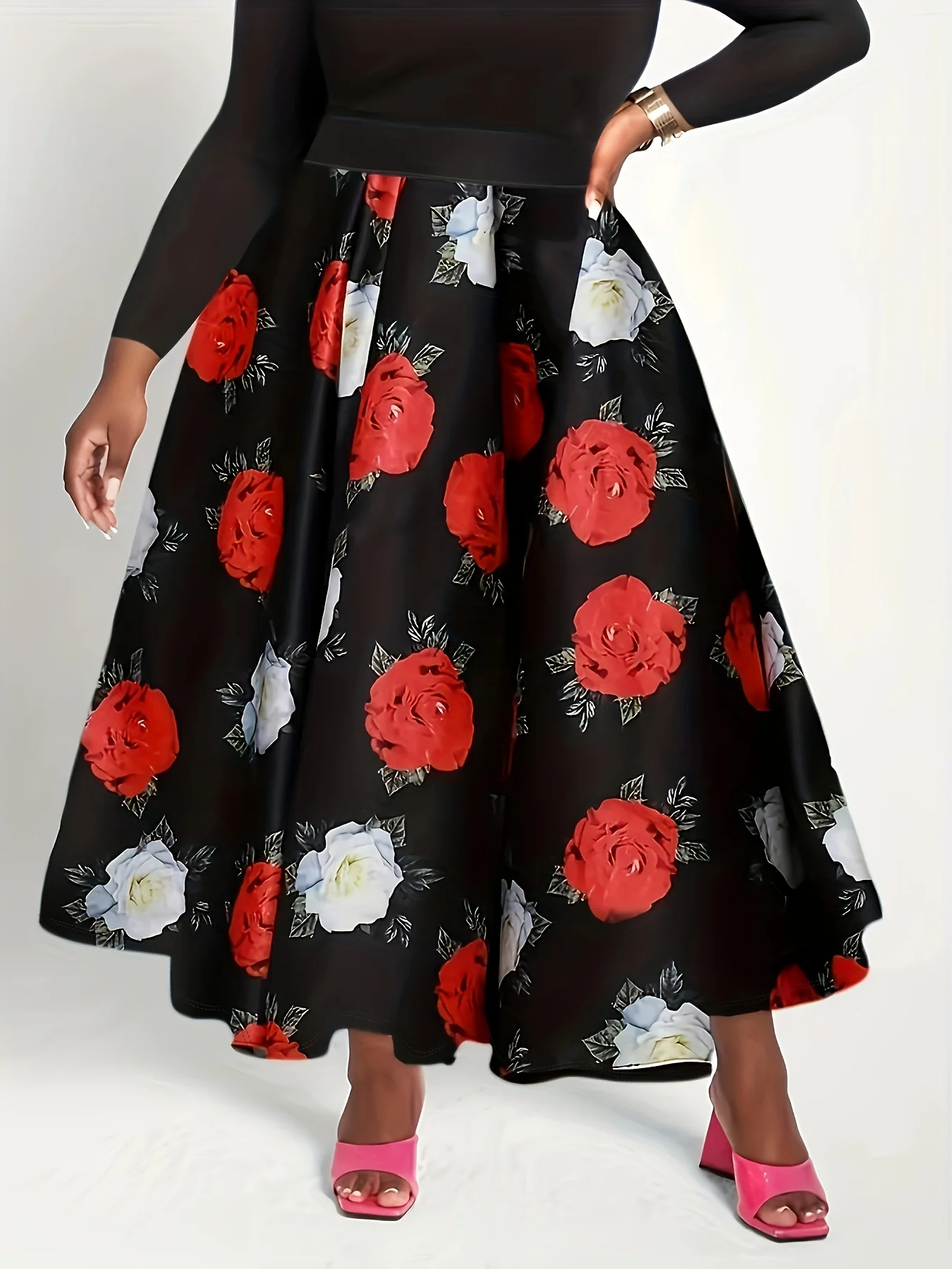 Plus Size Elegant Skirt, Women's Plus Floral Print Elastic High Rise High Stretch A-line Pleated Maxi Skirt - Deanwangkt