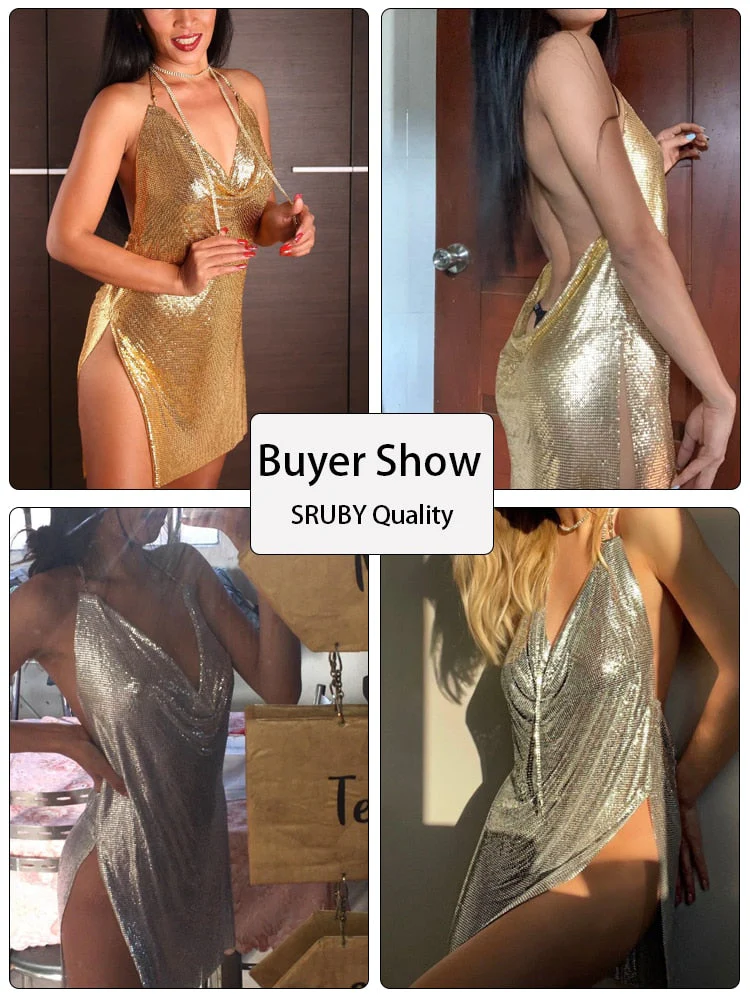 SRUBY Sexy Backless Metal Party Summer Dress Women Beach Night club Mini slip dress Glitter Sequin ladies Dresses  Christmas - Deanwangkt
