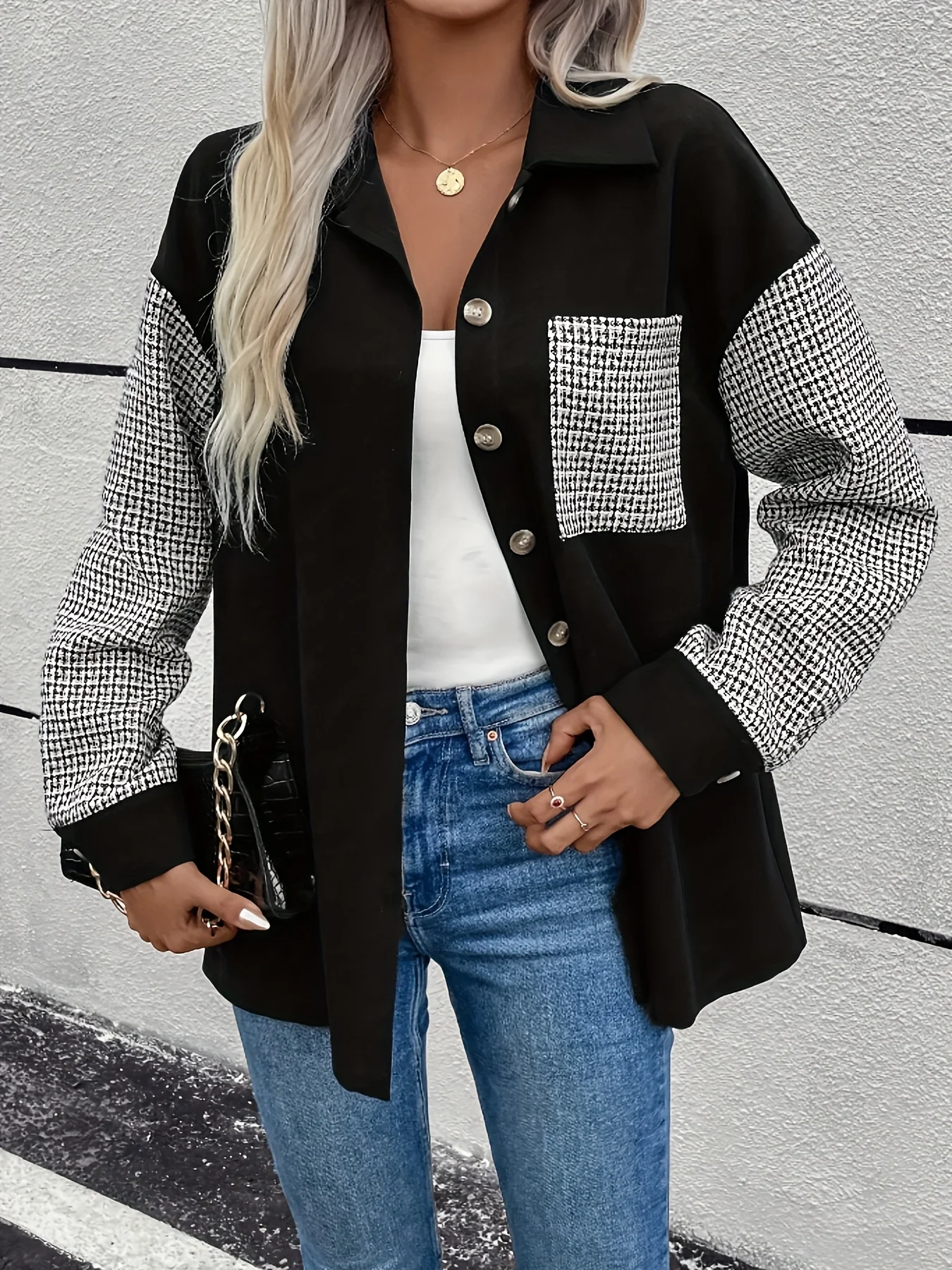 Color Block Button Front Jacket, Casual Long Sleeve Lapel Outwear For Spring & Fall, Women's Clothing - Deanwangkt