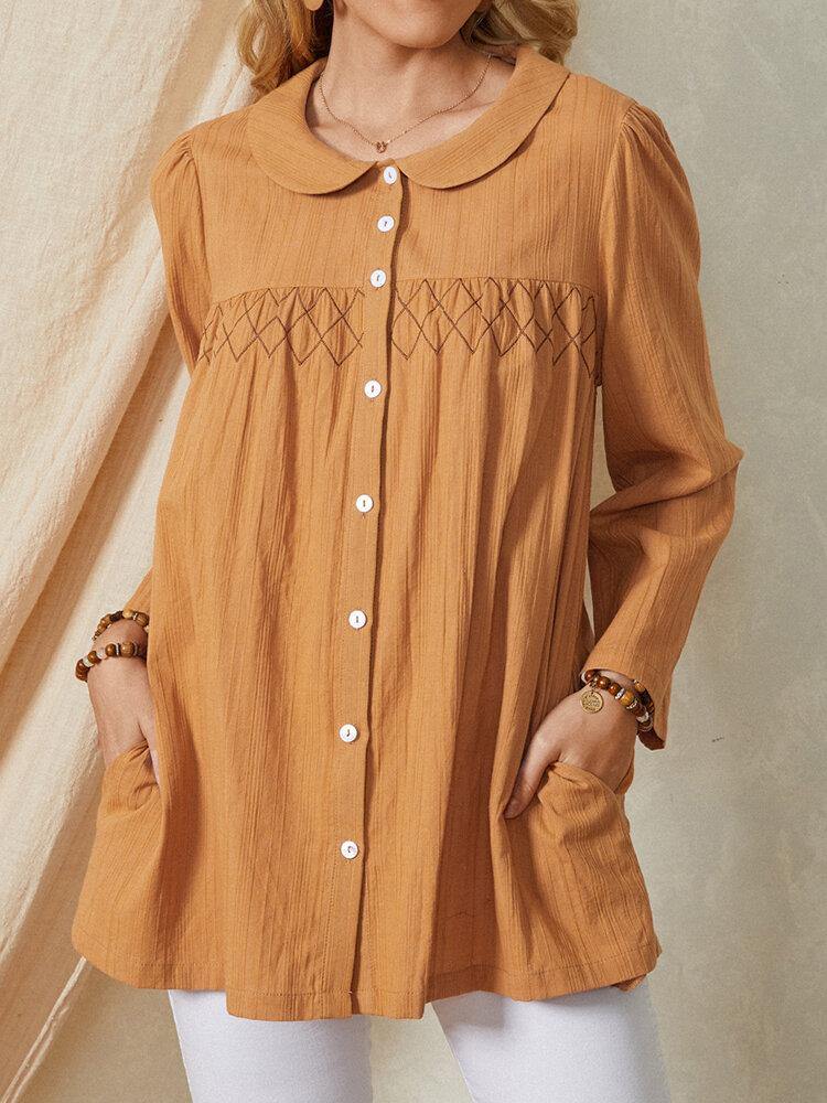 deanwangkt Casual Plain Lapel Collar Long Sleeve Cotton Solid Color Pleated Shirts For Women - Deanwangkt