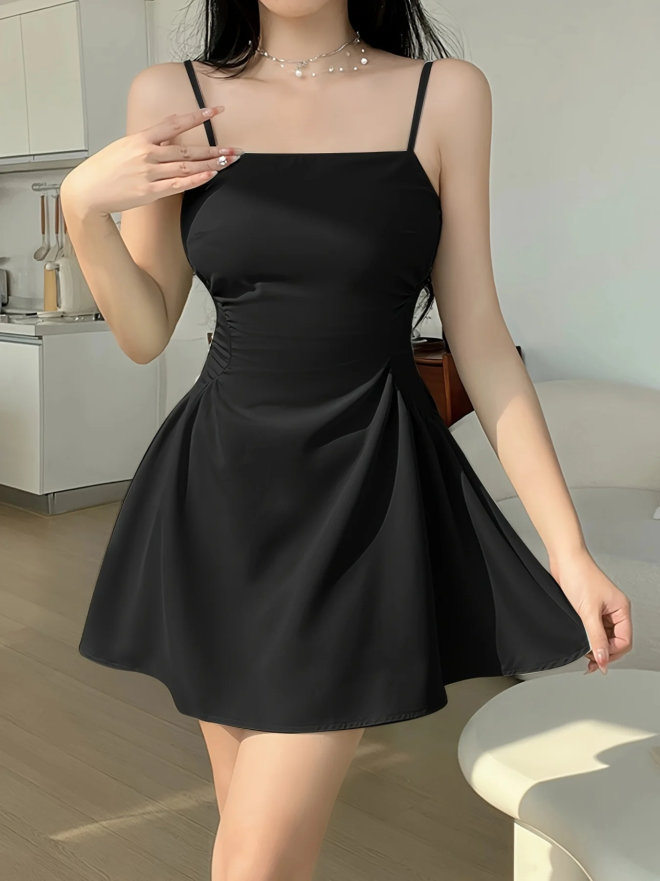 deanwangkt  Solid Spaghetti Strap Dress, Chic Backless A-line Cami Dress, Women's Clothing - Deanwangkt