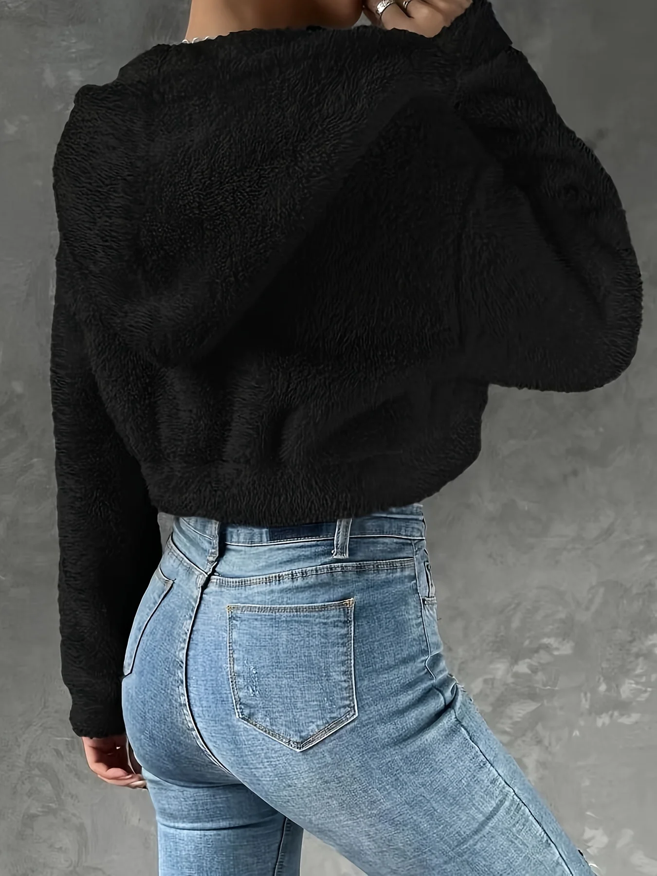 deanwangkt-1 Solid Zipper Hooded Crop Coat, Casual Faux Fur Thermal Coat, Women's Clothing - Deanwangkt