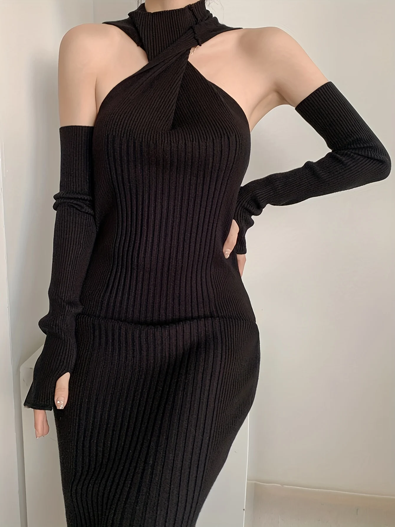 Turtleneck Solid Bodycon Dress, Elegant Split Maxi Dress, Women's Clothing - Deanwangkt