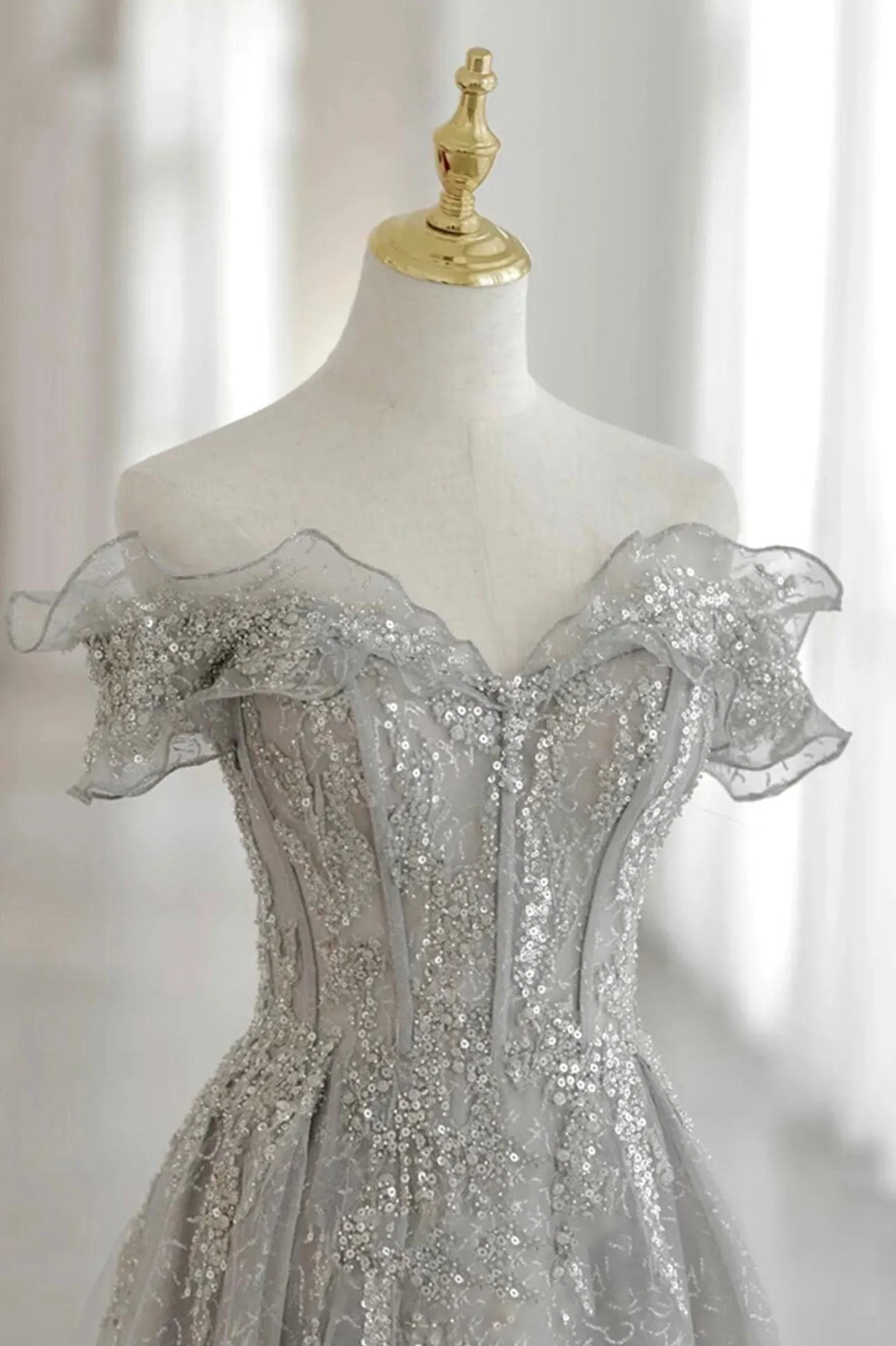 solvbao Grey Tulle Sequins Long A-Line Prom Dresses, Off the Shoulder Evening Dresses - Deanwangkt