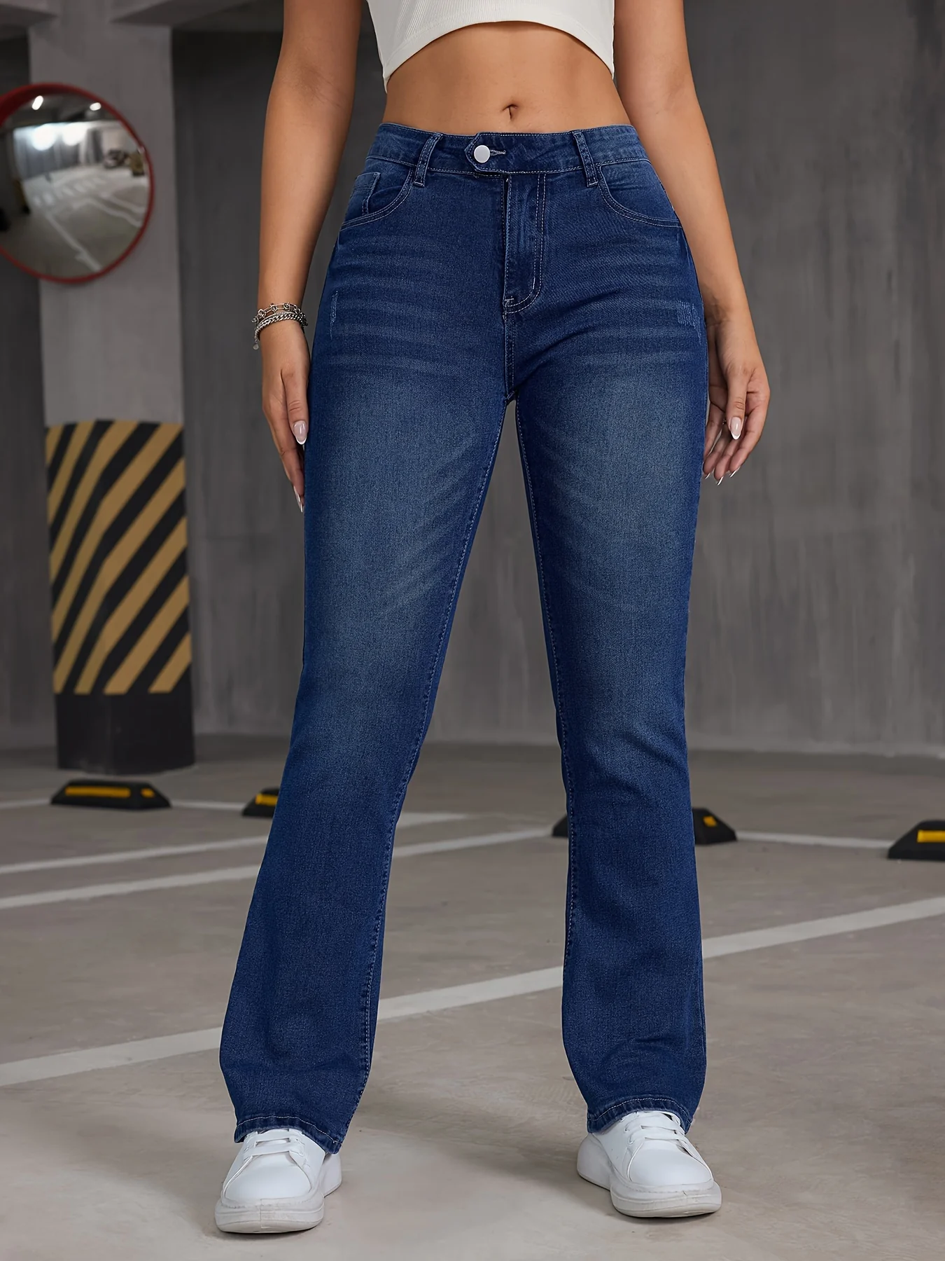 deanwangkt  Asymmetric Button Slant Pocket Bootcut Jeans, Stretchy Washed Blue Whiskering Flare Denim Pants, Women's Denim Jeans & Clothing - Deanwangkt