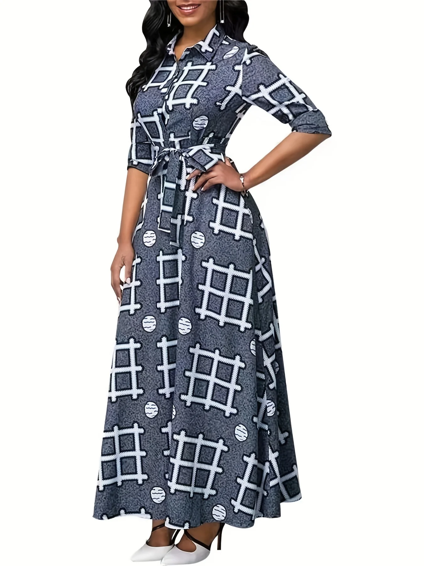 Plus Size Casual Dress, Women's Plus Geometric Print Button Up Long Sleeve Turn Down Collar Maxi Shirt Dress With Pockets - Deanwangkt