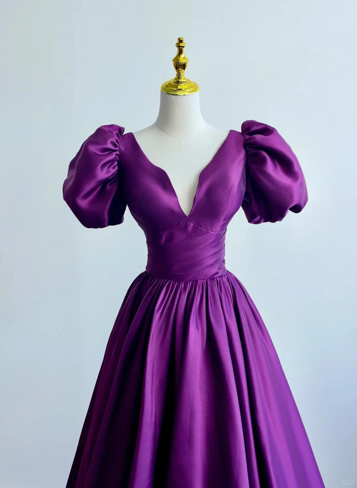 Solvbao Purple Satin Short Sleeves V-neckline Prom Dress, Purple Satin Evening Dress - Deanwangkt