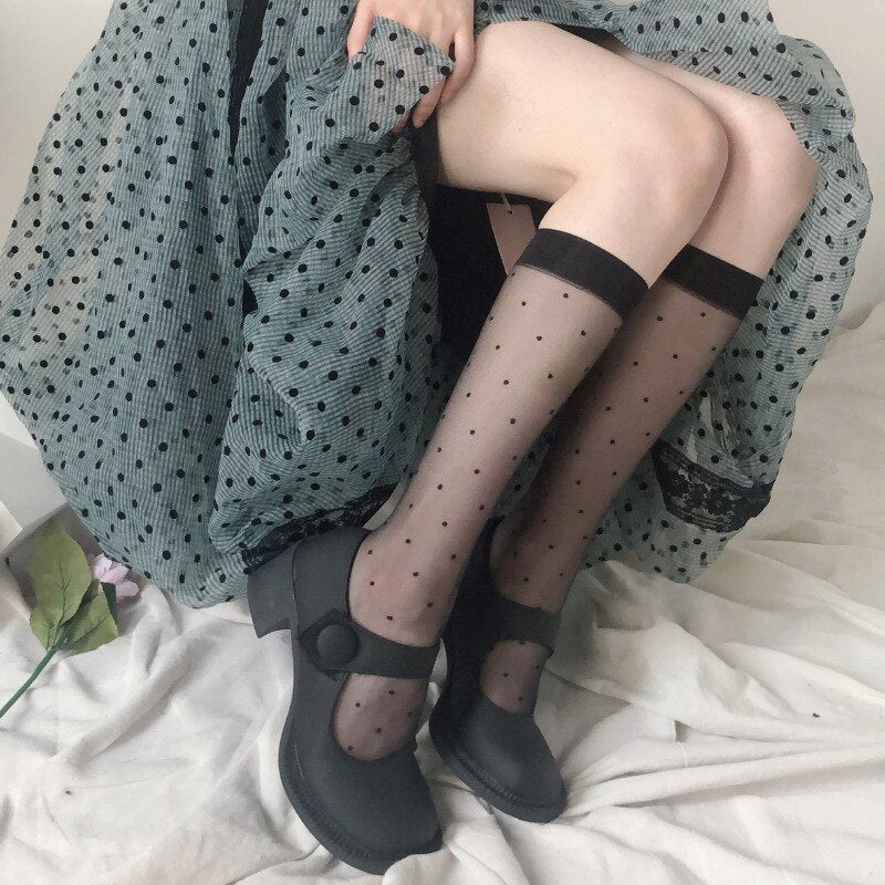 deanwangkt Summer Long Socks Knee Stockings JK Calf Socks Lolita Polka Dot Knee Socks White Black Silk Japanese Socks Thigh High Stockings - Deanwangkt