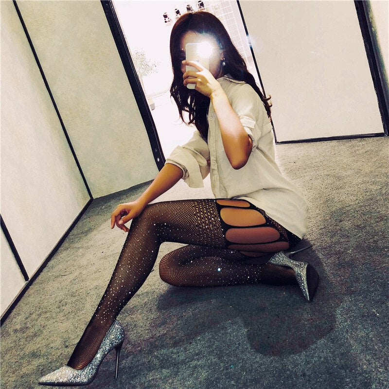 deanwangkt Fishnet Garter Socks Drill Black Stockings Women's Thin Sling Tights Black Diamond Lace JK Funny Socks Harajuku Fishnet Socks - Deanwangkt