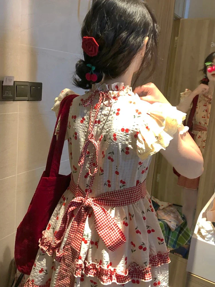 deanwangkt Summer Red Lolita Kawaii Dress Women Bow Sweet Princess Party Mini Dress Female Patchwork Korean Fashion Cherry Cute Dress - Deanwangkt