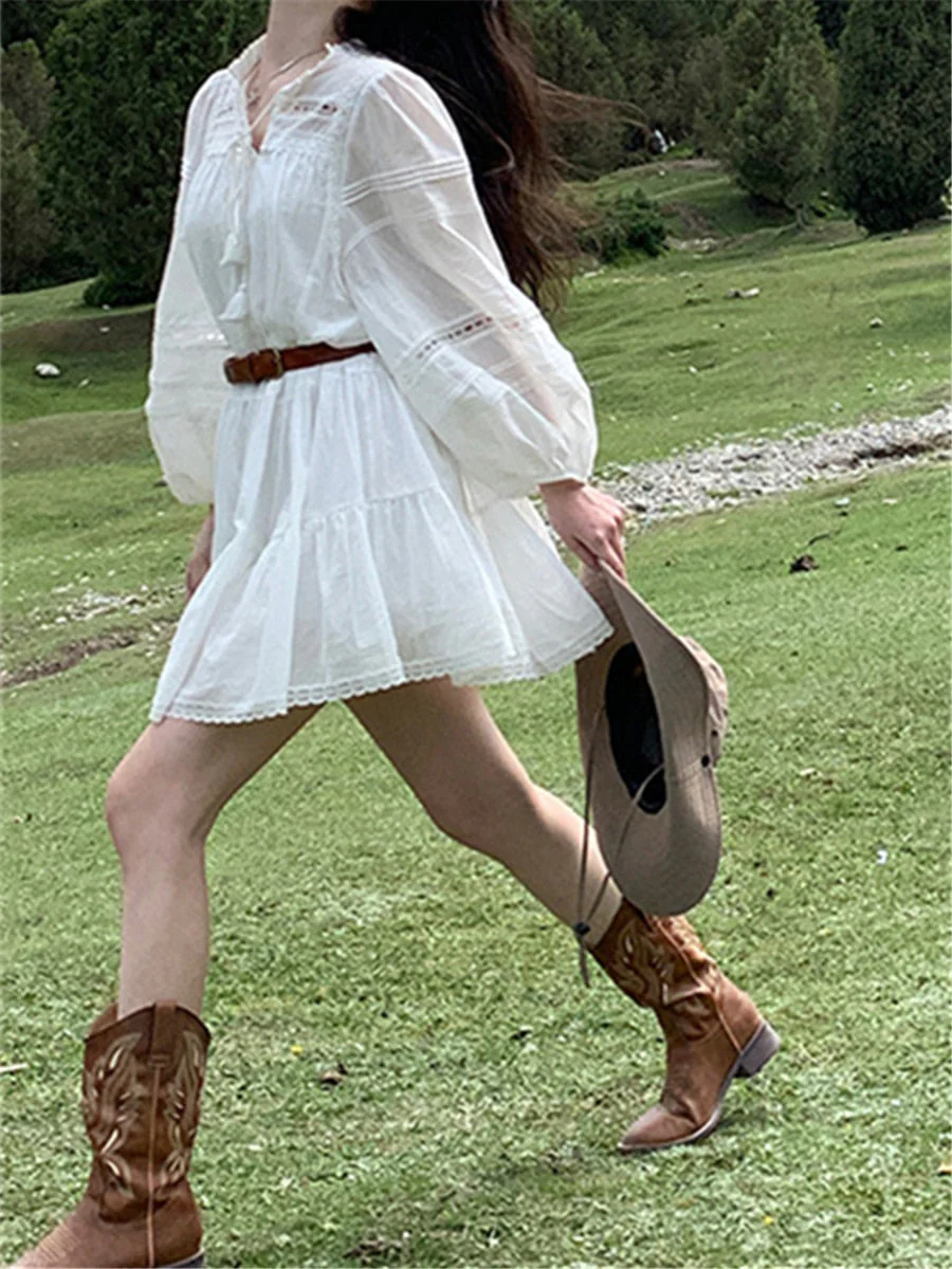 Joskka Lace Up Dress Spring Women Summe New  Elegant Retro French Style A Line Female Mini Vestdios Vintage Fashion Casual Clothes - Deanwangkt