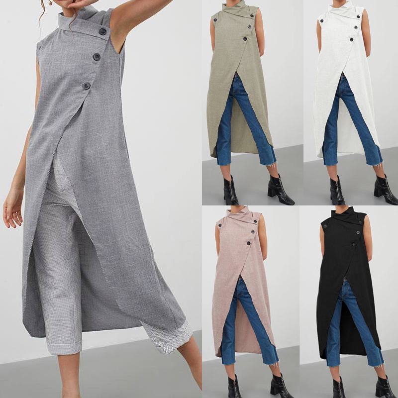 deanwangkt Celmia Women Asymmetrical Blouses  Summer Sleeveless Breathable Thin Tops Casual Chic Split Long Shirts Blusas Femmininas - Deanwangkt