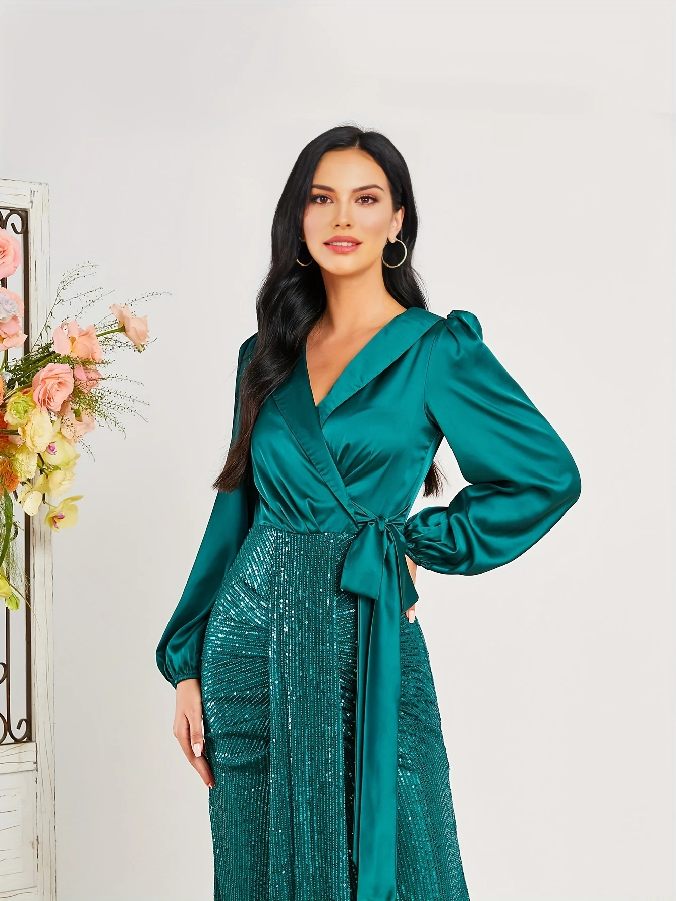 Surplice Neck Maxi Dress, Elegant Long Sleeve Party Dress, Women's Clothing - Deanwangkt