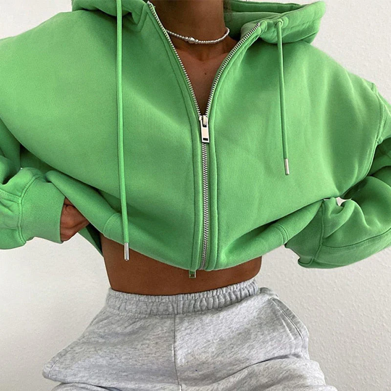 deanwangkt Autumn Winter Women Green Long Sleeve Streetwear Hooded Zipper Sweatshirt Coats Loose Oversized Crop Top Short Jackets - Deanwangkt