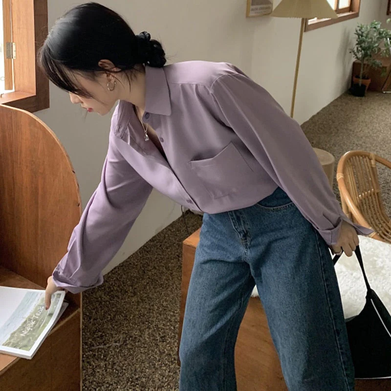 deanwangkt Shirts Women Pure Elegant Office Lady Simple Korean Style Leisure Long Sleeve Blouses Womens All-match Loose Daily Thin Chic New - Deanwangkt