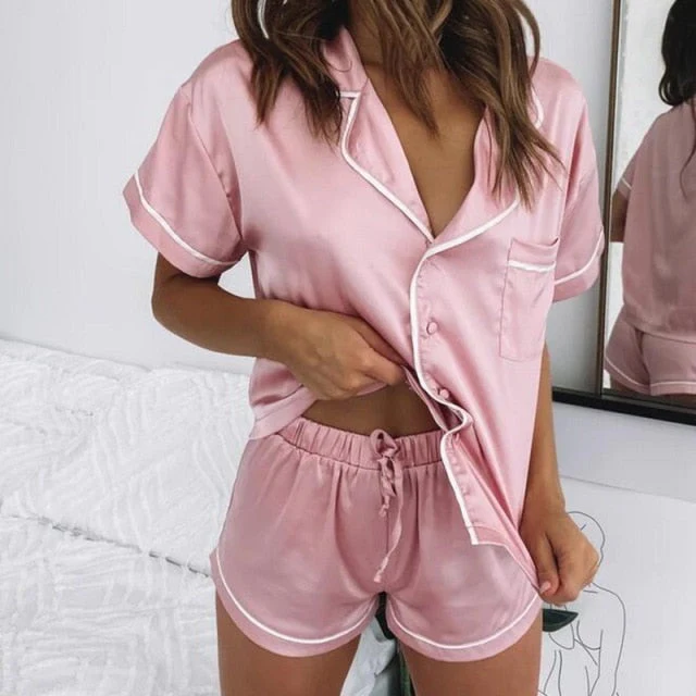 deanwangkt  Pyjamas For Women Silk Satin Pajamas Pyjamas Set Short Sleeve Sleepwear Pajamas Suit Female Sleep Two Piece Set Loungewear - Deanwangkt