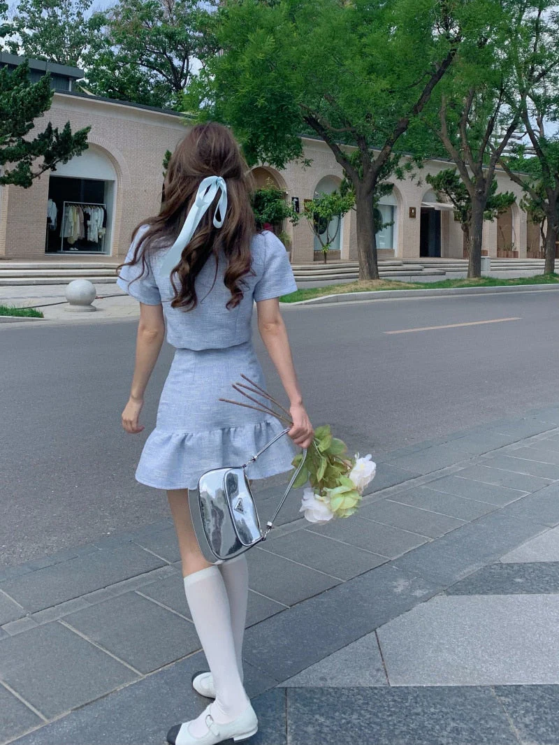 deanwangkt High Quality New Summer Fashion Korean Sweet Elegant 2 Piece Set Women Crop Top Shirt Blouse Mini Skirt Suits Two Piece Outfits - Deanwangkt