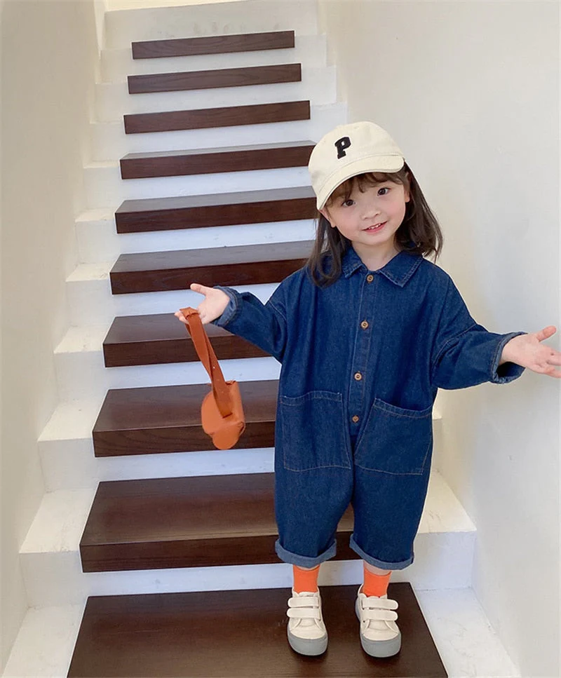 deanwangkt Spring Autumn boys girls cartoon denim jumpsuits fashion unisex kids loose casual one-piece clothes - Deanwangkt