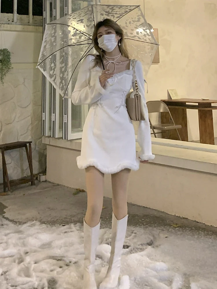 deanwangkt  Winter Sweet Christmas Dress Women Red Kawaii Lolita Party Mini Dresses Warm Korean Night Dresses Ladies Festival Clothing - Deanwangkt