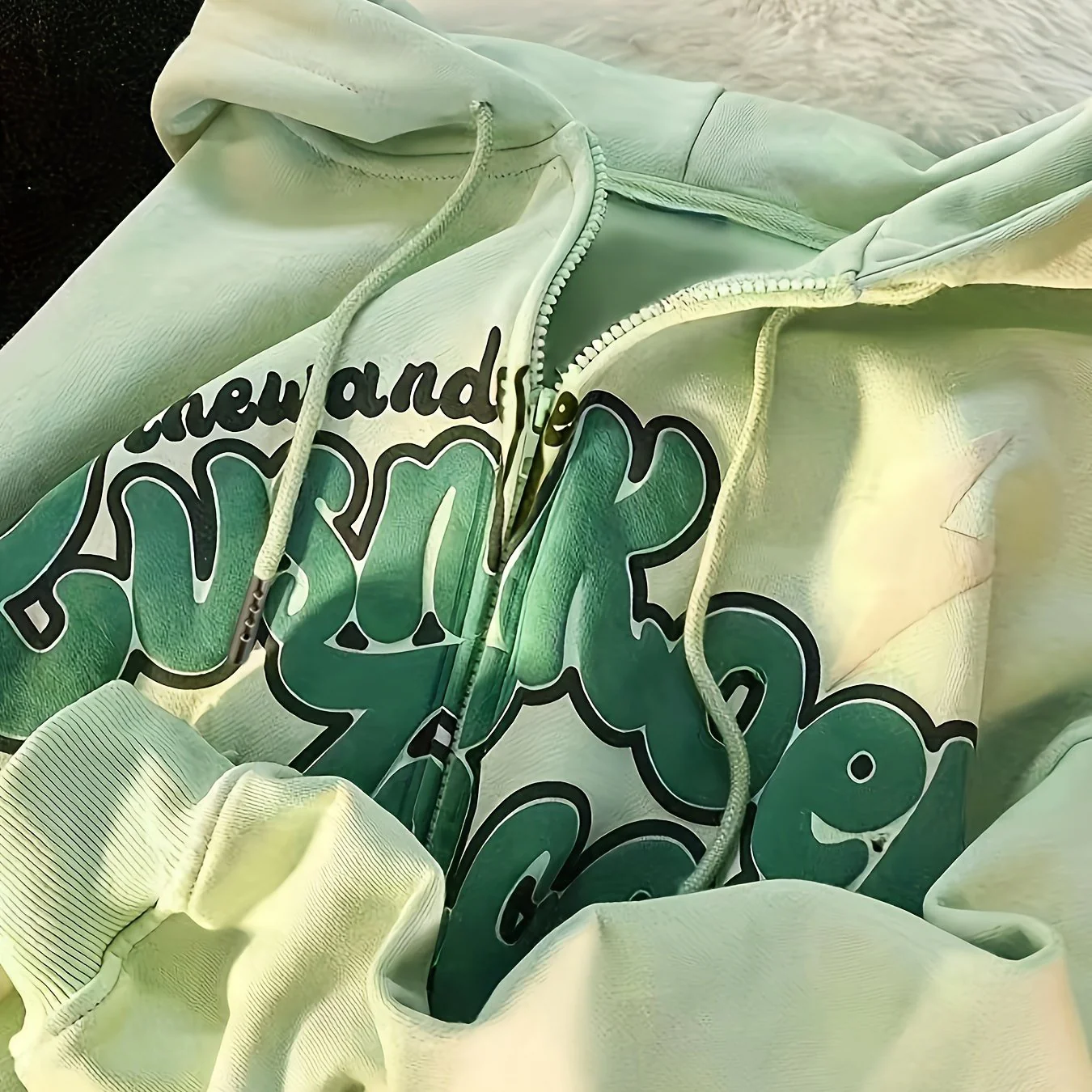 Letter Print Zip Up Drawstring Hoodie, Casual Long Sleeve Loose Fashion Sweatshirt With Pocket, Women's Clothing - Deanwangkt