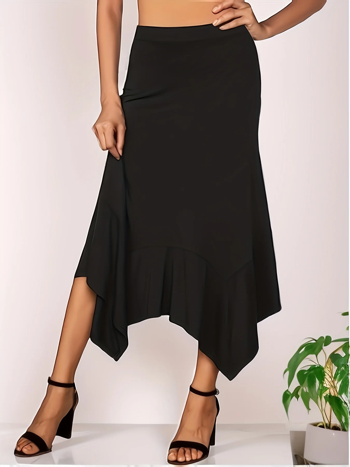Plus Size Elegant Skirt, Women's Plus Solid High Rise Medium Stretch Asymmetric Hem Skirt - Deanwangkt